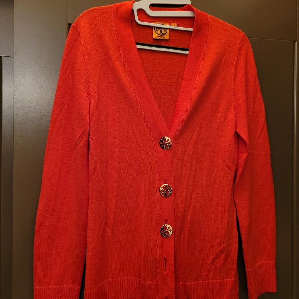 Tory Burch - Authentic Coral Button Up Cardigan with Gold TB Buttons